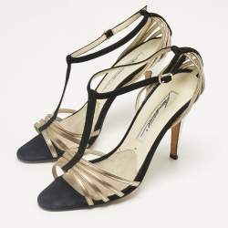 Pre Owned Brian Atwood Black/Gold Suede and Leather Strappy T-Bar Sandals Size 37