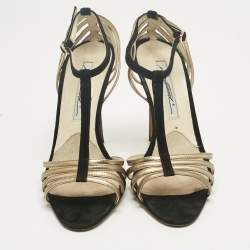 Pre Owned Brian Atwood Black/Gold Suede and Leather Strappy T-Bar Sandals Size 37