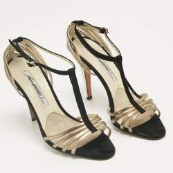 Pre Owned Brian Atwood Black/Gold Suede and Leather Strappy T-Bar Sandals Size 37