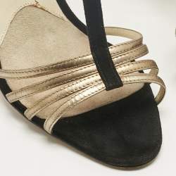 Pre Owned Brian Atwood Black/Gold Suede and Leather Strappy T-Bar Sandals Size 37