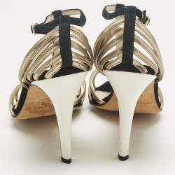 Pre Owned Brian Atwood Black/Gold Suede and Leather Strappy T-Bar Sandals Size 37