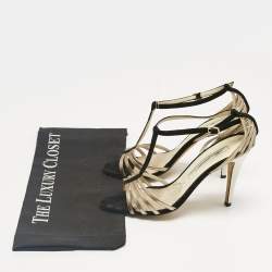 Pre Owned Brian Atwood Black/Gold Suede and Leather Strappy T-Bar Sandals Size 37