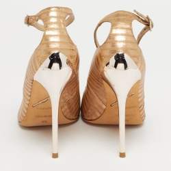 Pre Owned Brian Atwood Size 35.5 Metallic Python Leather Open Toe Pumps