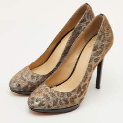 مملوكة مسبقًا Brian Atwood Size 38.5 Silver Metallic Lurex Fabric Leopard Print Pumps