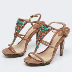 Brian Atwood Brown Suede Donasa Crystal T Strap Sandals Size 38