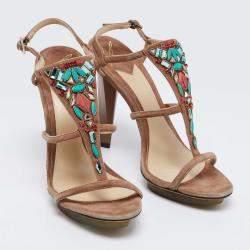 Brian Atwood Brown Suede Donasa Crystal T Strap Sandals Size 38