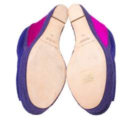 Brian Atwood Purple/Pink Textured Suede and Caflhair Peep Toe Espadrilles  Wedge Pumps Size 38