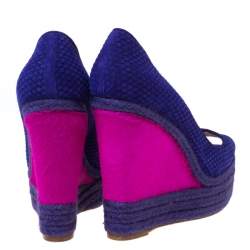 Brian Atwood Purple/Pink Textured Suede and Caflhair Peep Toe Espadrilles  Wedge Pumps Size 38