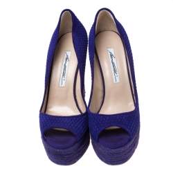 Brian Atwood Purple/Pink Textured Suede and Caflhair Peep Toe Espadrilles  Wedge Pumps Size 38