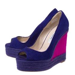 Brian Atwood Purple/Pink Textured Suede and Caflhair Peep Toe Espadrilles  Wedge Pumps Size 38