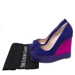 Brian Atwood Purple/Pink Textured Suede and Caflhair Peep Toe Espadrilles  Wedge Pumps Size 38