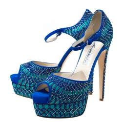 Brian Atwood Blue Tribeca Laser Suede and Leather Mary Jane Platform Sandals Size 38.5