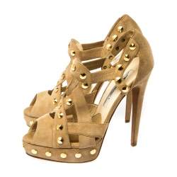 Brian Atwood Beige Cut Out Studded Suede Peep Toe Platform Sandals Size 37