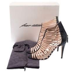 Brian Atwood Beige/Black Dolores Caged Strap Peep Toe Sandals Size 39.5