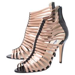 Brian Atwood Beige/Black Dolores Caged Strap Peep Toe Sandals Size 39.5