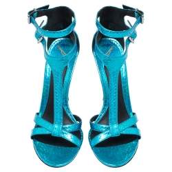 Brian Atwood Metallic Blue Python Embossed Leather T Strap Laetitia Sandals Size 39