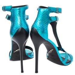 Brian Atwood Metallic Blue Python Embossed Leather T Strap Laetitia Sandals Size 39