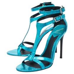 Brian Atwood Metallic Blue Python Embossed Leather T Strap Laetitia Sandals Size 39