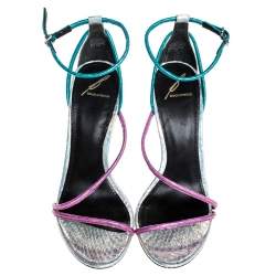 Brian Atwood Metallic Blue/Pink Python Embossed Leather Labrea Sandals Size 39