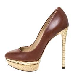 Brian Atwood Brown/Gold Leather and Python Effect Platform Pumps Size 38.5