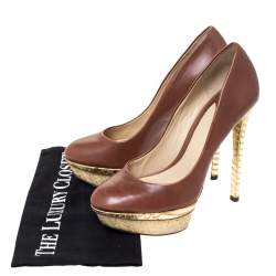 Brian Atwood Brown/Gold Leather and Python Effect Platform Pumps Size 38.5