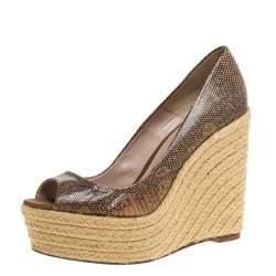 Brian Atwood Lizard Peep Toe Espadrilles Wedge Pumps Size 37