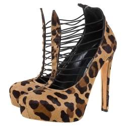 Brian Atwood Brown Leopard Print Calf Hair And Strappy Elastic 'Lola' Platform Pumps Size 38.5