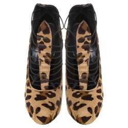Brian Atwood Brown Leopard Print Calf Hair And Strappy Elastic 'Lola' Platform Pumps Size 38.5