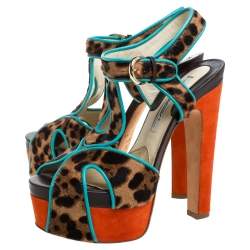 Pre Owned Brian Atwood Multicolor Animal Print Calf Hair, Suede and Leather Trim Platform Sandals Size 39