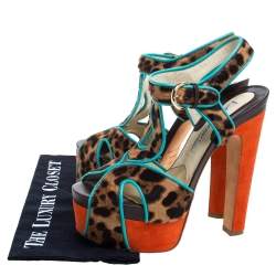 Pre Owned Brian Atwood Multicolor Animal Print Calf Hair, Suede and Leather Trim Platform Sandals Size 39