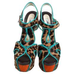Pre Owned Brian Atwood Multicolor Animal Print Calf Hair, Suede and Leather Trim Platform Sandals Size 39