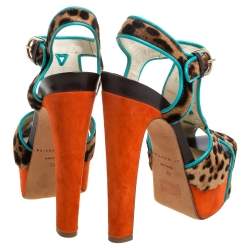 Pre Owned Brian Atwood Multicolor Animal Print Calf Hair, Suede and Leather Trim Platform Sandals Size 39