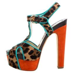 Pre Owned Brian Atwood Multicolor Animal Print Calf Hair, Suede and Leather Trim Platform Sandals Size 39