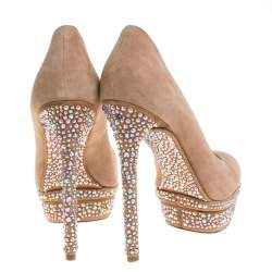 Brian Atwood Beige Suede Francoise Crystal Embellished Platform Pumps Size 39.5