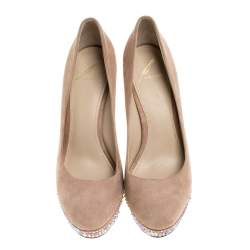 Brian Atwood Beige Suede Francoise Crystal Embellished Platform Pumps Size 39.5