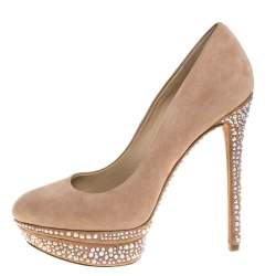 Brian Atwood Beige Suede Francoise Crystal Embellished Platform Pumps Size 39.5
