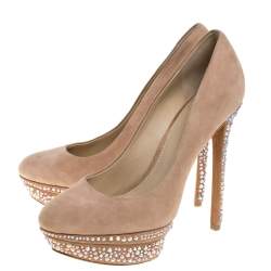 Brian Atwood Beige Suede Francoise Crystal Embellished Platform Pumps Size 39.5