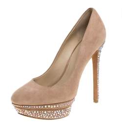 Brian Atwood Beige Suede Francoise Crystal Embellished Platform Pumps Size 39.5