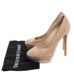 Brian Atwood Beige Suede Francoise Crystal Embellished Platform Pumps Size 39.5