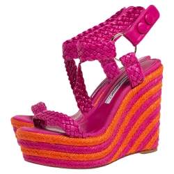 Pre Owned Brian Atwood Pink/Orange Woven Leather Espadrille Wedge Sandals Size 36