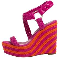 Pre Owned Brian Atwood Pink/Orange Woven Leather Espadrille Wedge Sandals Size 36