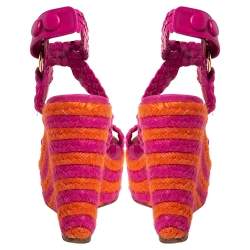 Pre Owned Brian Atwood Pink/Orange Woven Leather Espadrille Wedge Sandals Size 36