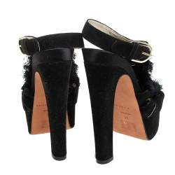 Brian Atwood Black Satin And Suede Embellishment Platform Ankle Strap Sandals Size 37