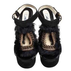 Brian Atwood Black Satin And Suede Embellishment Platform Ankle Strap Sandals Size 37