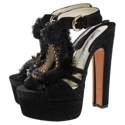 Brian Atwood Black Satin And Suede Embellishment Platform Ankle Strap Sandals Size 37