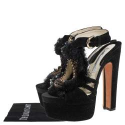 Brian Atwood Black Satin And Suede Embellishment Platform Ankle Strap Sandals Size 37