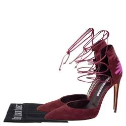 Brian Atwood Burgundy Suede And Leather Patchwork D'orsay Ankle Wrap Pumps Size 38.5