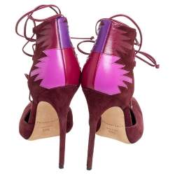 Brian Atwood Burgundy Suede And Leather Patchwork D'orsay Ankle Wrap Pumps Size 38.5