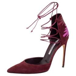 Brian Atwood Burgundy Suede And Leather Patchwork D'orsay Ankle Wrap Pumps Size 38.5