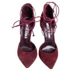 Brian Atwood Burgundy Suede And Leather Patchwork D'orsay Ankle Wrap Pumps Size 38.5